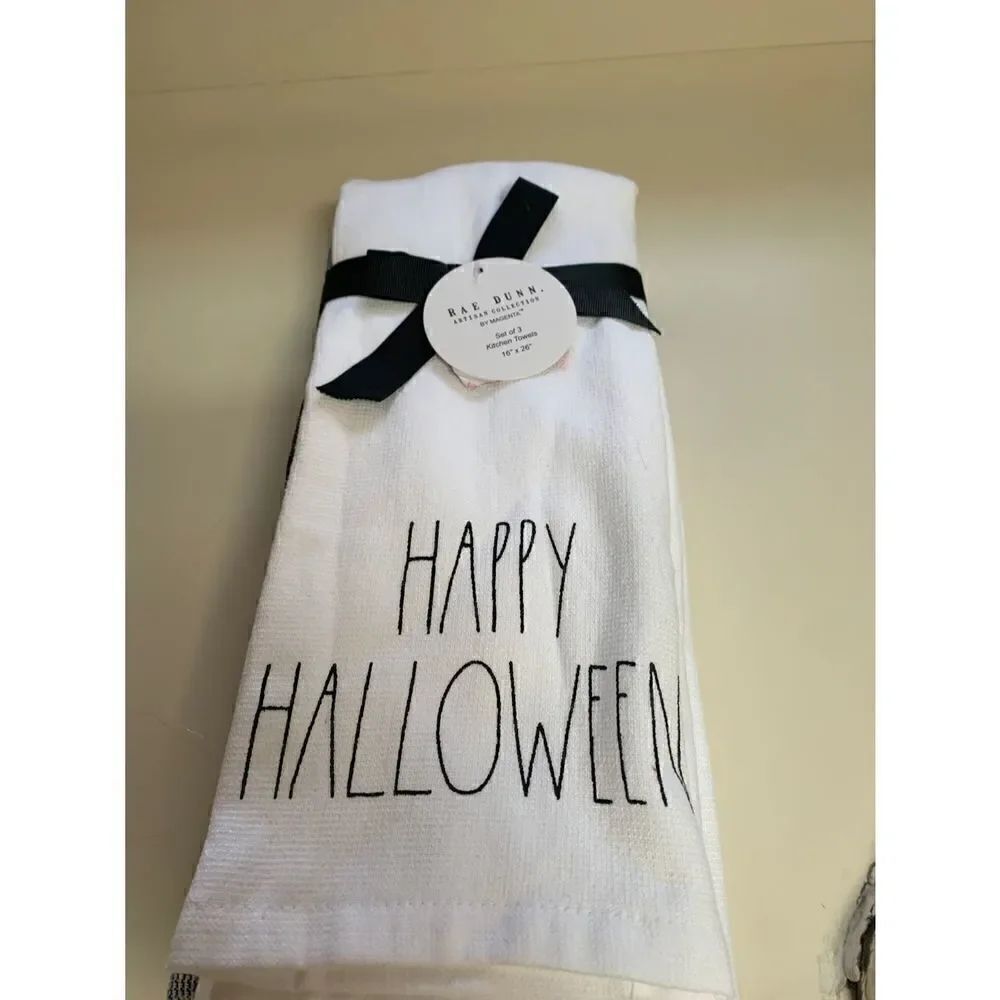 Rae Dunn Kitchen Towels Set Of 3 Trick Or Treat Happy Halloween and Checkerboard